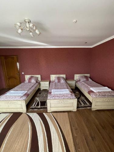 three beds in a room with red walls at Hotel Ashad in Svalyava