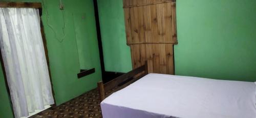 a bedroom with a white bed and green walls at view point homestay in Mawlynnong