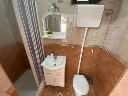 a bathroom with a sink and a toilet and a mirror at Apartments Mira in Tivat