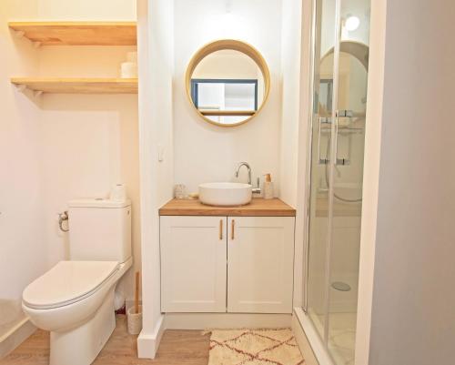 une salle de bain avec toilettes, lavabo et miroir dans l'établissement Motte du Couchant, 6 personnes, 4 min de la plage, Parking, Climatisation, à La Grande Motte