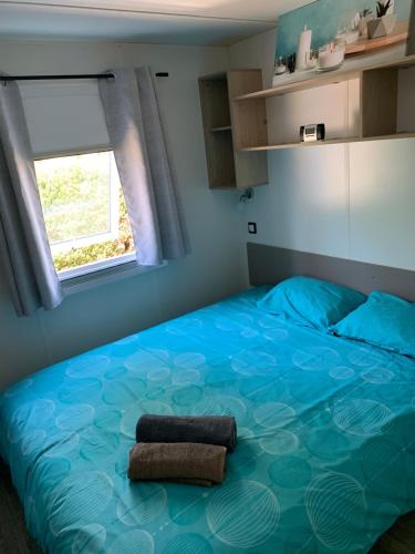 Un dormitorio con una gran cama azul y una ventana en Le mobilhome de Evelyne et Serge, en Lit-et-Mixe