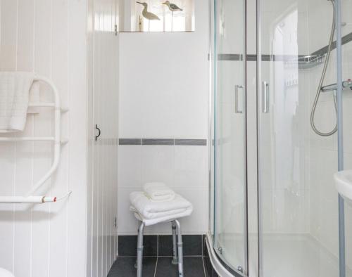 La salle de bains blanche est pourvue d'une douche et d'un tabouret. dans l'établissement Cloam Cottage, à Port Isaac