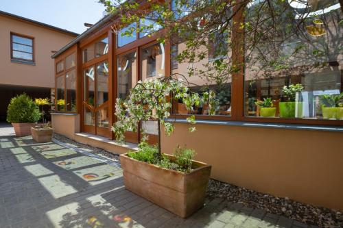 Hotel Mohelnice في موهيلنيتسي: مبنى أمامه نباتات الفخار