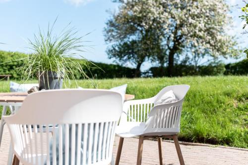two white chairs and a table on a patio at Strandperle Appartements in Hasselberg