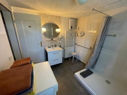 a small bathroom with a sink and a shower at Eifel Quartier Ferienhaus in Mechernich