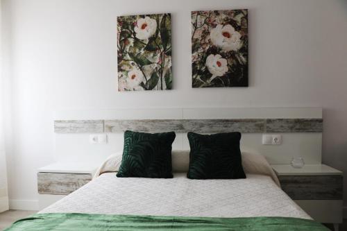 1 dormitorio con 1 cama con 2 cuadros en la pared en KASETAS APARTMENT’S, en Sarria