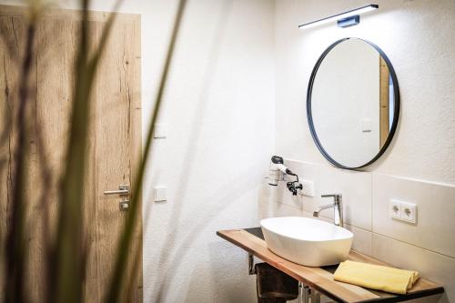 a bathroom with a sink and a mirror at Apartments Frauensee in Reutte
