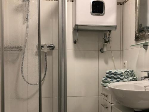 een badkamer met een douche en een wastafel bij Ferienwohnung Grüßer in Bad Reichenhall