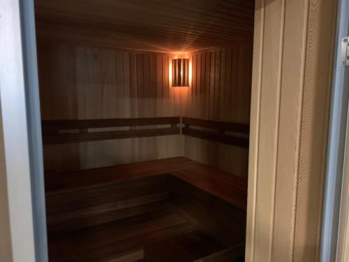 a walk in sauna with a light on the wall at Apartmany Arber in Železná Ruda