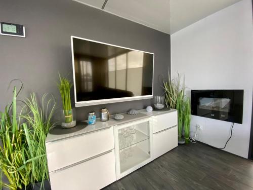TV a/nebo společenská místnost v ubytování Hausboot Ferienhaus Captains Boat