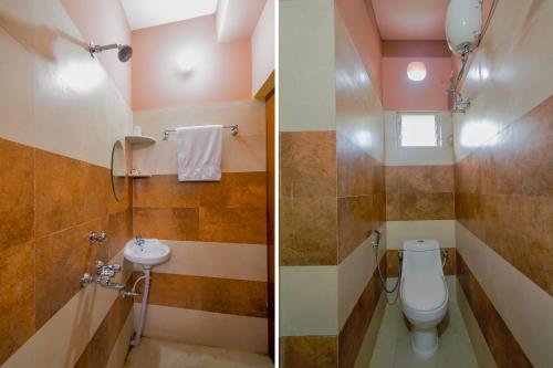 two pictures of a bathroom with a toilet and a sink at Eco Corporate Inn in Kolkata