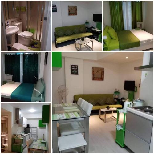 un collage de cuatro fotos de una sala de estar en Azure condotel staycation, en Manila