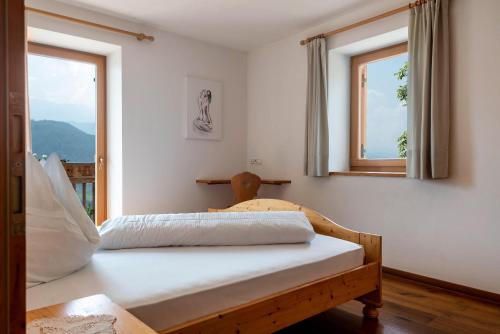 Schlafzimmer mit einem Bett und einem Fenster in der Unterkunft App Schlern Winklerhof in Villanders