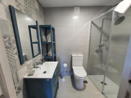 a bathroom with a toilet and a sink and a shower at Casa Jalecha in Muxia