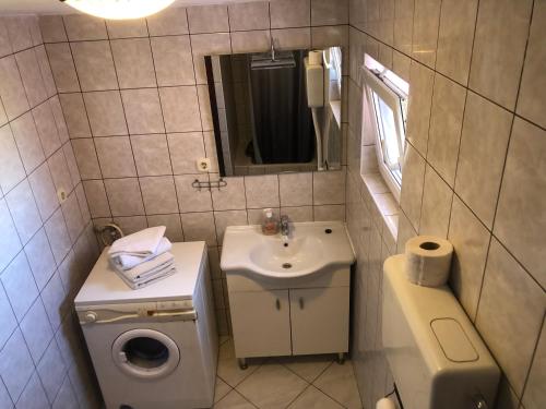 een kleine badkamer met een wastafel en een toilet bij Studio Diva&Vlado in Sukošan