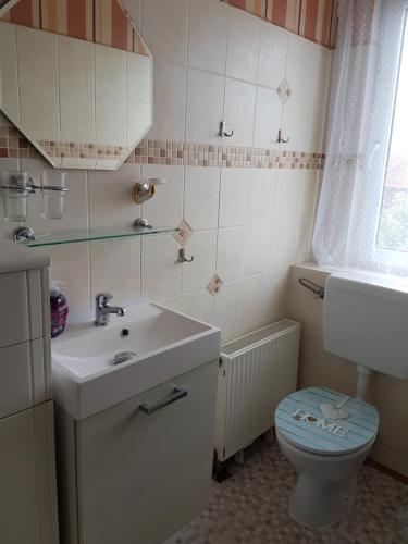 a small bathroom with a toilet and a sink at Mesonette Wohung in Hannover