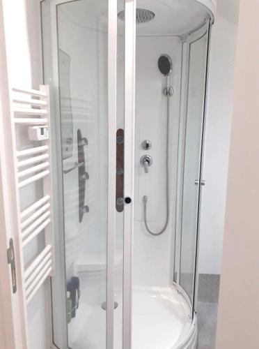 une salle de bain avec douche et WC avec porte vitrée dans l'établissement 10 - Joli studio avec deux lits, tout équipé pour 1, 2 ou 3 personnes maximum, vue sur parc arboré, parking privatif gratuit, grand fourgon possible, tout le linge de maison est fourni, à Razac-sur-lʼIsle