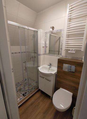 a bathroom with a toilet and a shower and a sink at Dwunastka in Zakopane