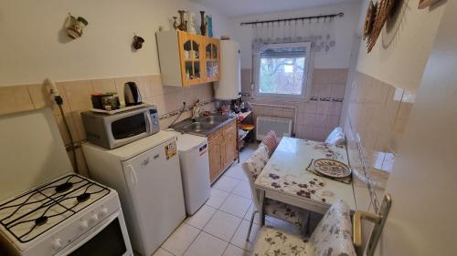 eine kleine Küche mit einem weißen Kühlschrank und einer Spüle in der Unterkunft Bianka vendégház in Berekfürdő