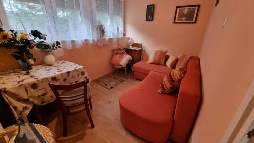 a living room with a red couch and a table at Bianka vendégház in Berekfürdő