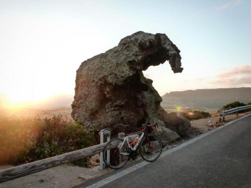 a bike parked next to a rock on the side of a road at Apartment Maria in Tergu