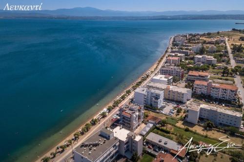 an aerial view of a beach and the water at DM home (sea view apartment) in Lefkandi Chalkidas