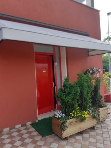 a red door of a house with two plants at Locazione turistica da Toio in Marcatelli