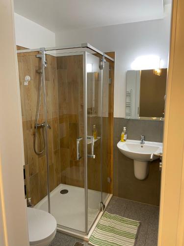 a bathroom with a shower and a toilet and a sink at Ave Hotel Victoriei in Bucharest