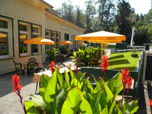 an outdoor patio with tables and umbrellas and flowers at Hotel Waldmühle in Elend