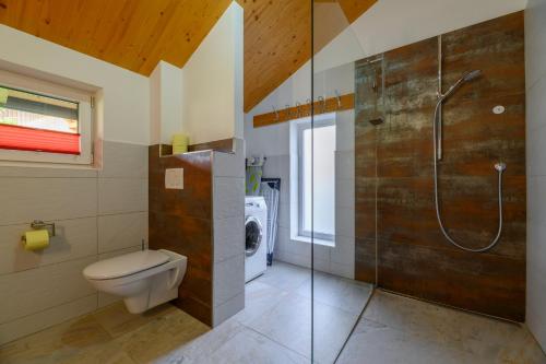 uma casa de banho com um WC e uma cabina de duche em vidro. em Ferienlodge MaResi em Bad Goisern