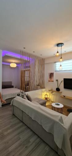 a living room with a large bed and a couch at Sea & Sun cozy studio in Kremasti