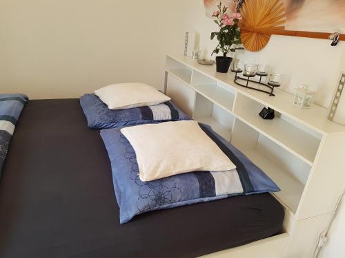 Duas camas com almofadas num quarto em Zimmer mit eigenem Bad in Märchenstadt! em Heidelberg