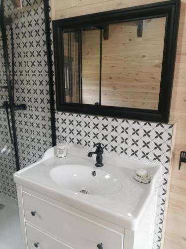 a bathroom with a white sink and a mirror at Przystań Piława in Borne Sulinowo