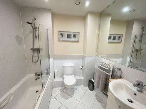 a bathroom with a toilet and a shower and a sink at LUXURY APARTMENT, SAUNA, GYM, 24hrs Concierge in Woking