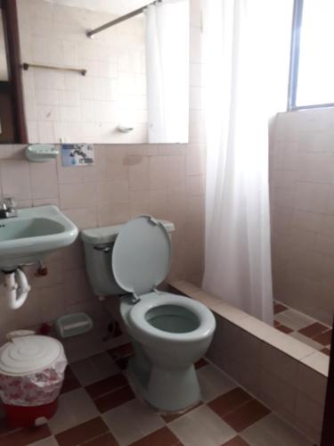 y baño con aseo y lavamanos. en Hotel Tungurahua, en Ambato