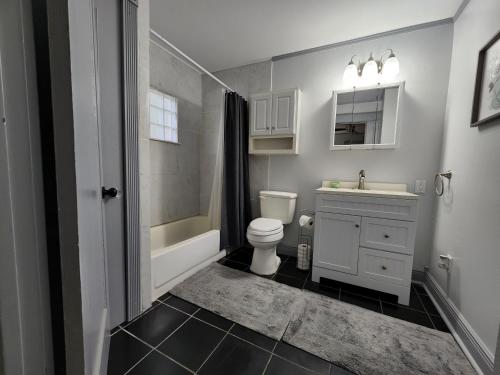a bathroom with a toilet and a sink and a shower at RED DOOR HOUSE in Lakeland