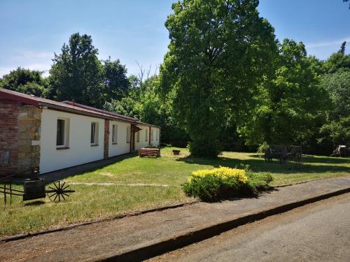 ein kleines weißes Haus mit Garten und Bäumen in der Unterkunft Green Apartments in Luštěnice