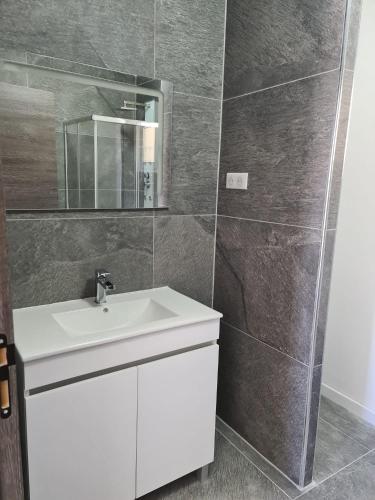 a bathroom with a white sink and a mirror at Logement 45 m2 vue mer in San-Martino-di-Lota