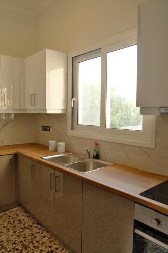 a kitchen with a sink and a window at Giovana's pool house in Egina