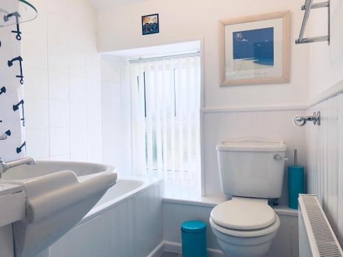 a white bathroom with a toilet and a sink at Feock beautiful sunny cottage in Truro