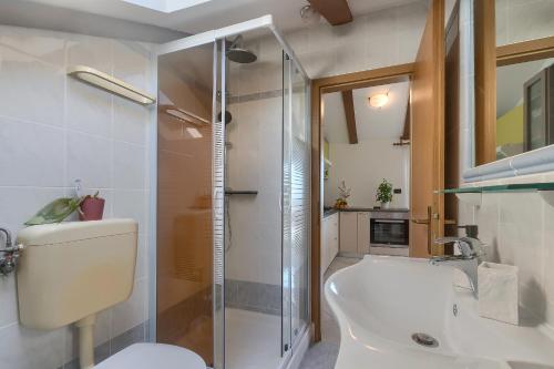 a bathroom with a shower and a toilet and a sink at Apartments Ari and Bonnie - cozy with roof terrace in Pula