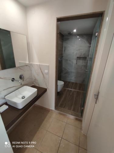 a bathroom with a white sink and a shower at Blue Sky Apartments in Malia