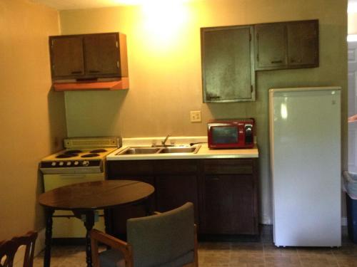 eine Küche mit einem Kühlschrank, einer Spüle und einem Tisch in der Unterkunft Hatfield Inn in Hatfield