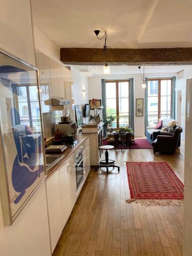 une pièce avec une cuisine et un salon dans l'établissement Beautiful flat in Paris Montorgueil, free parking, à Paris