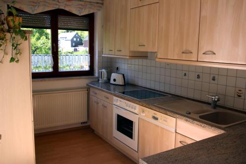 eine Küche mit Holzschränken, einem Waschbecken und einem Fenster in der Unterkunft Ferienwohnung am Kieferberg in Hormersdorf
