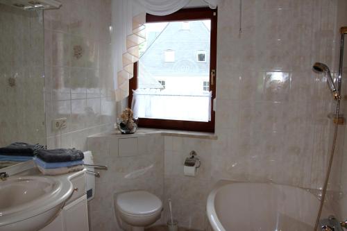 ein Bad mit einem Waschbecken, einem WC und einem Fenster in der Unterkunft Ferienwohnung am Kieferberg in Hormersdorf