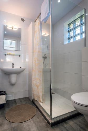 a bathroom with a shower and a toilet and a sink at Domki Jasna Polana in Jastrzębia Góra