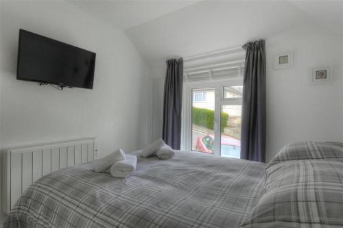 a bedroom with a bed and a tv and a window at Hatchett Top Flat in Lyme Regis