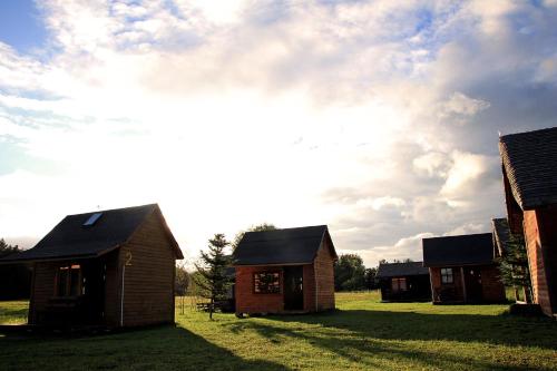 a group of houses in a field with a cloudy sky at Przystań Kajakowa Zakole in Buda Ruska