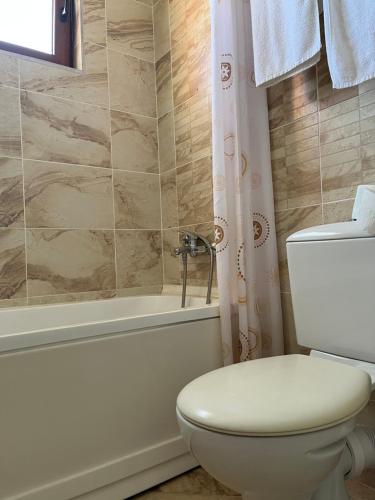 een badkamer met een toilet en een bad bij Апартамент Limoncini in Sozopol